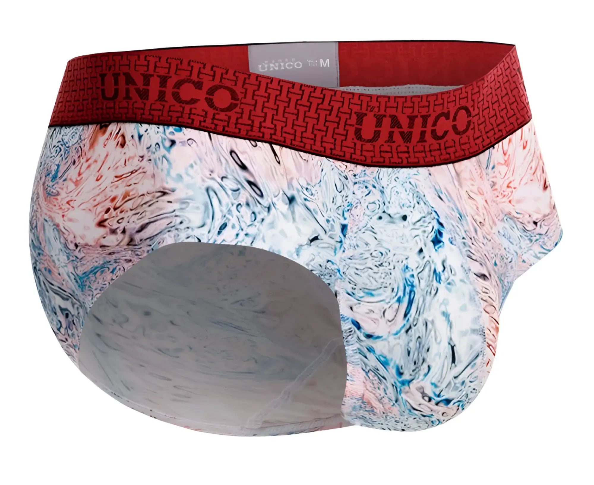 Unico 25020101103 rizo briefs in white feature bold red and white abstract watercolor design men’s patterned briefs