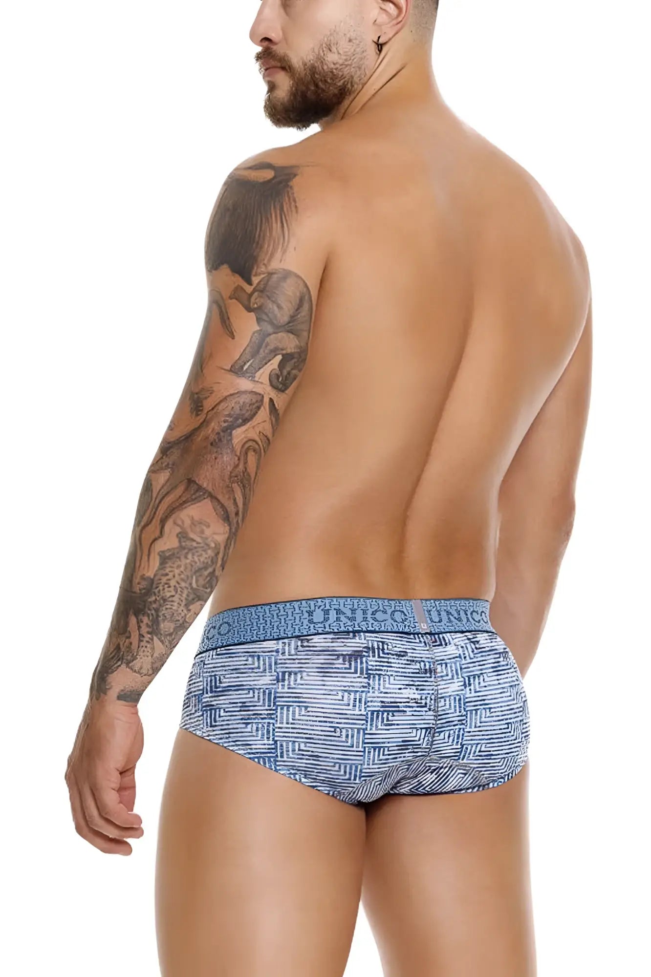 Blue patterned unico ostion briefs with geometric design and branded waistband in color 46-blue