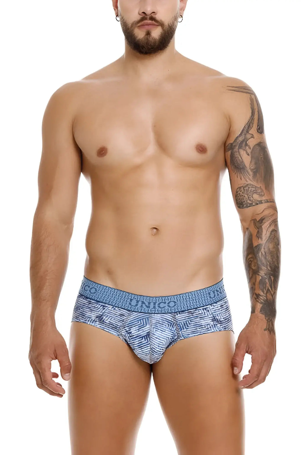 Blue geometric patterned men’s briefs with conic waistband from unico 25020101111 ostion briefs color 46-blue