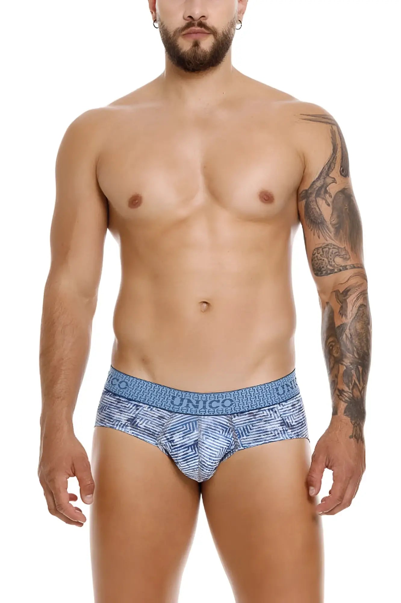 Blue geometric patterned men’s briefs with conic waistband from unico 25020101111 ostion briefs color 46-blue