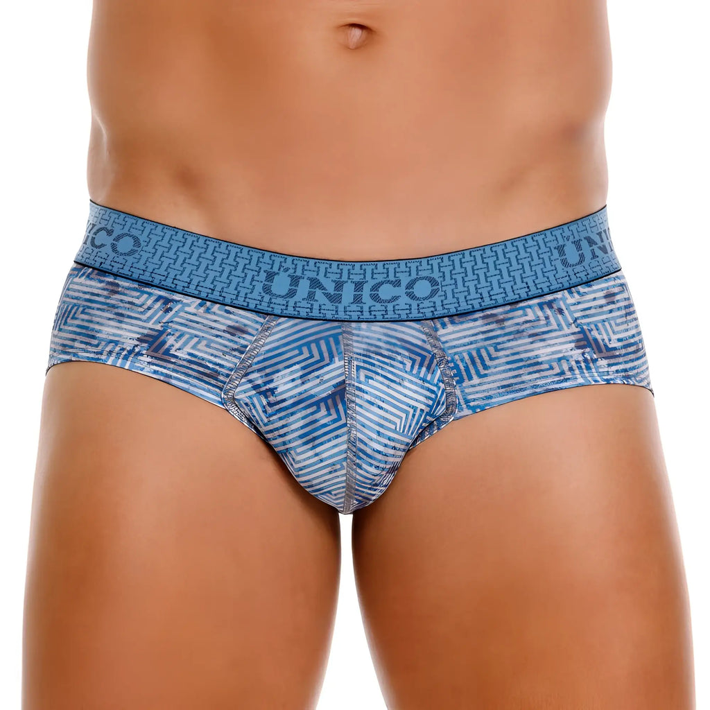 Unico 25020101111 ostion briefs in blue feature white geometric patterns and a textured waistband for comfortable fit