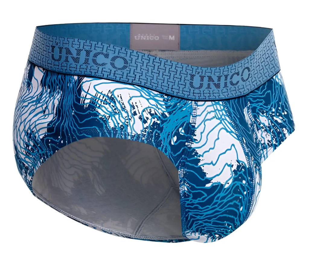 Unico 25020101117 barniz briefs in blue with white geometric waistband pattern for men