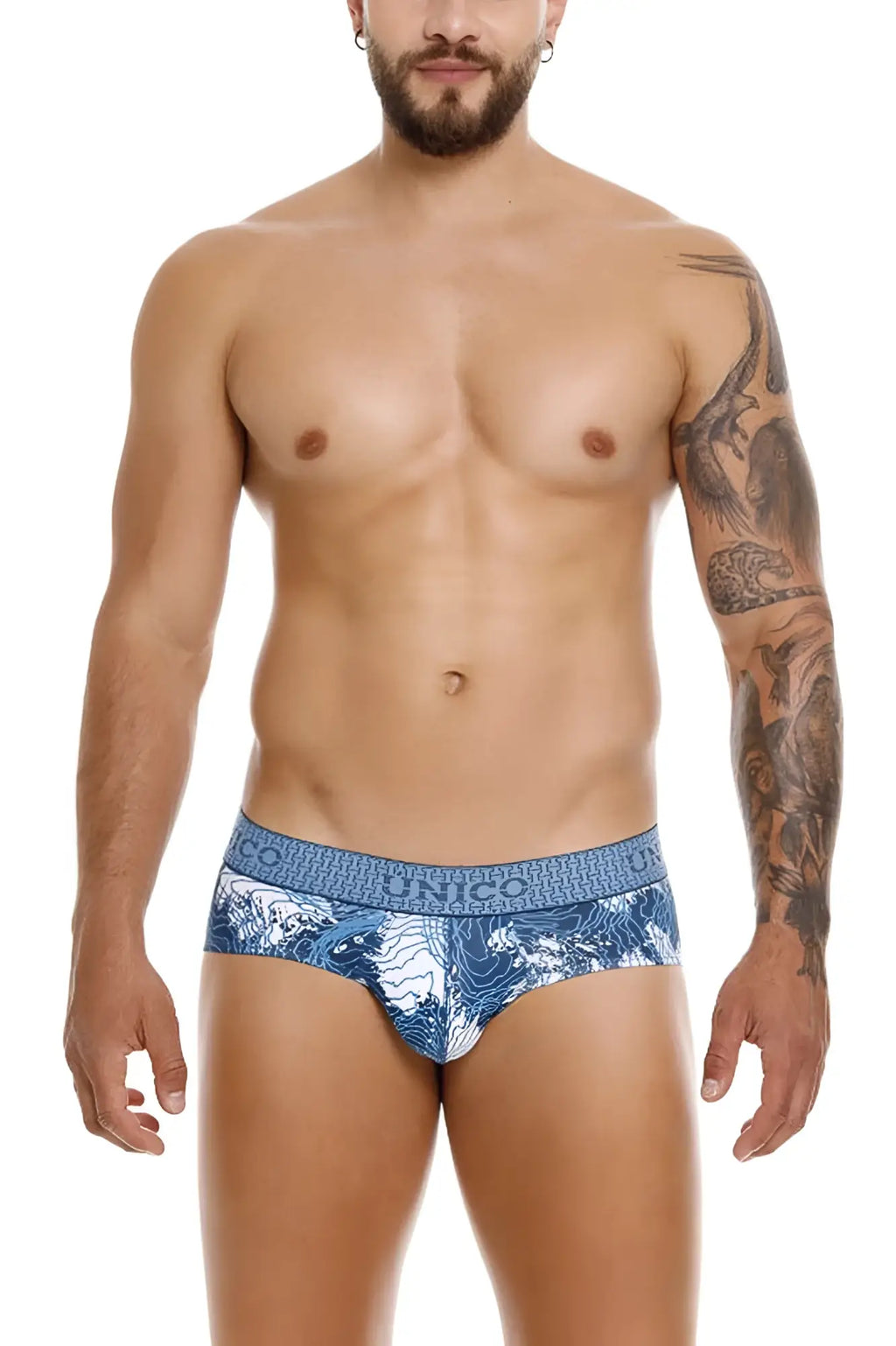 Blue and white patterned men’s briefs with unico logo waistband unico 25020101117 barniz briefs color 46-blue