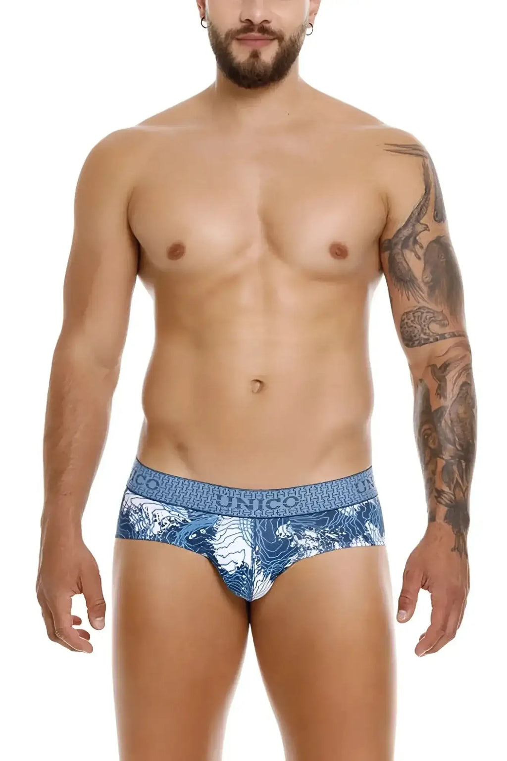 Blue and white patterned men’s briefs with unico logo waistband unico 25020101117 barniz briefs color 46-blue