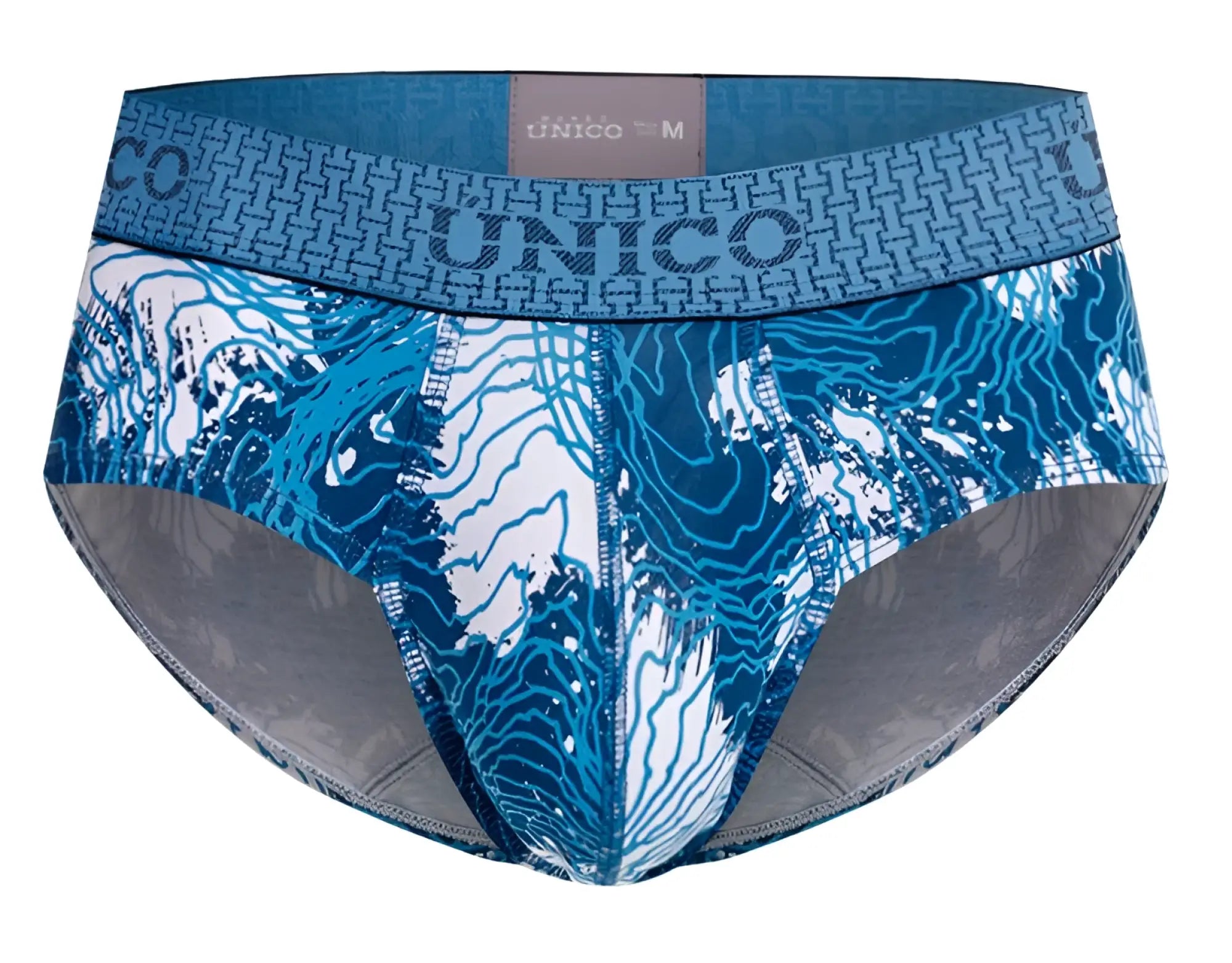 Blue and white patterned unico barniz briefs for men with a geometric waistband design color 46 blue