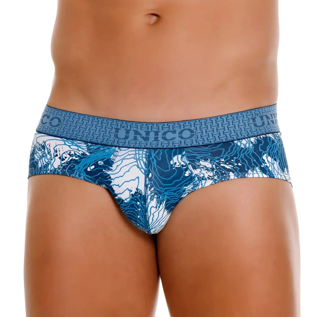 Unico 25020101117 barniz briefs in blue with white geometric pattern and waistband design for men