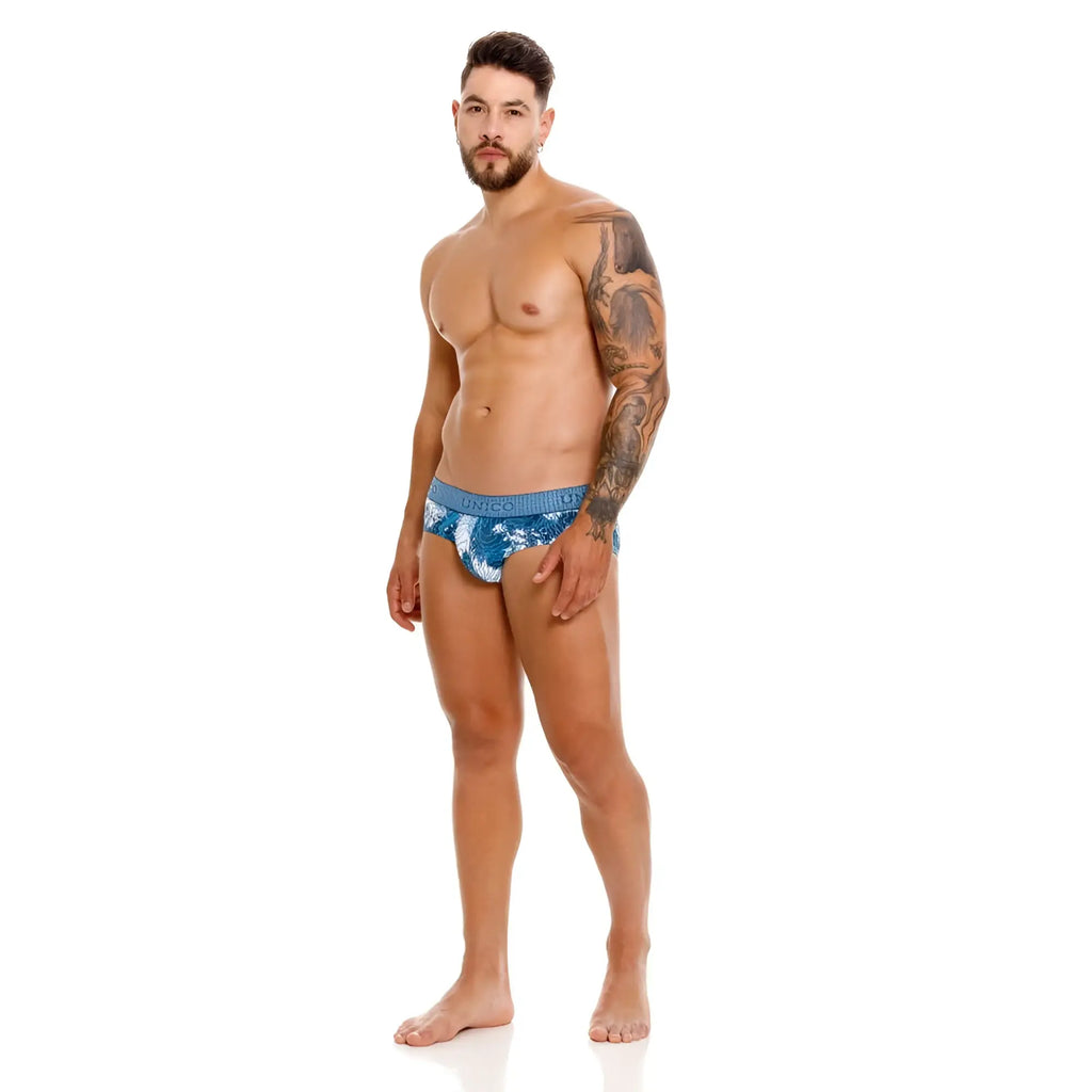Unico 25020101117 barniz briefs in blue featuring white patterns and textured fabric design for men