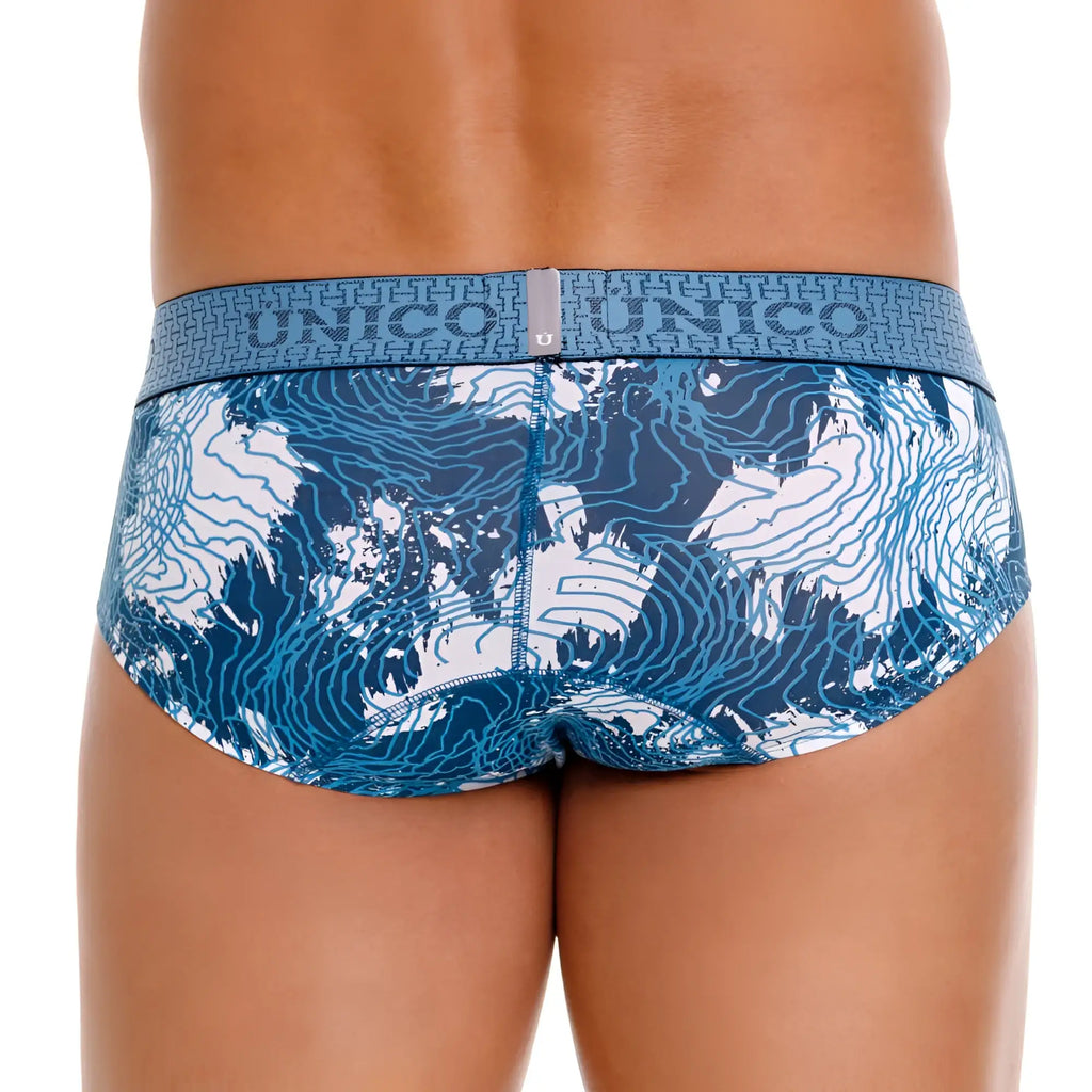 Unico 25020101117 barniz briefs men’s blue and white topographic map patterned briefs with branded elastic waistband