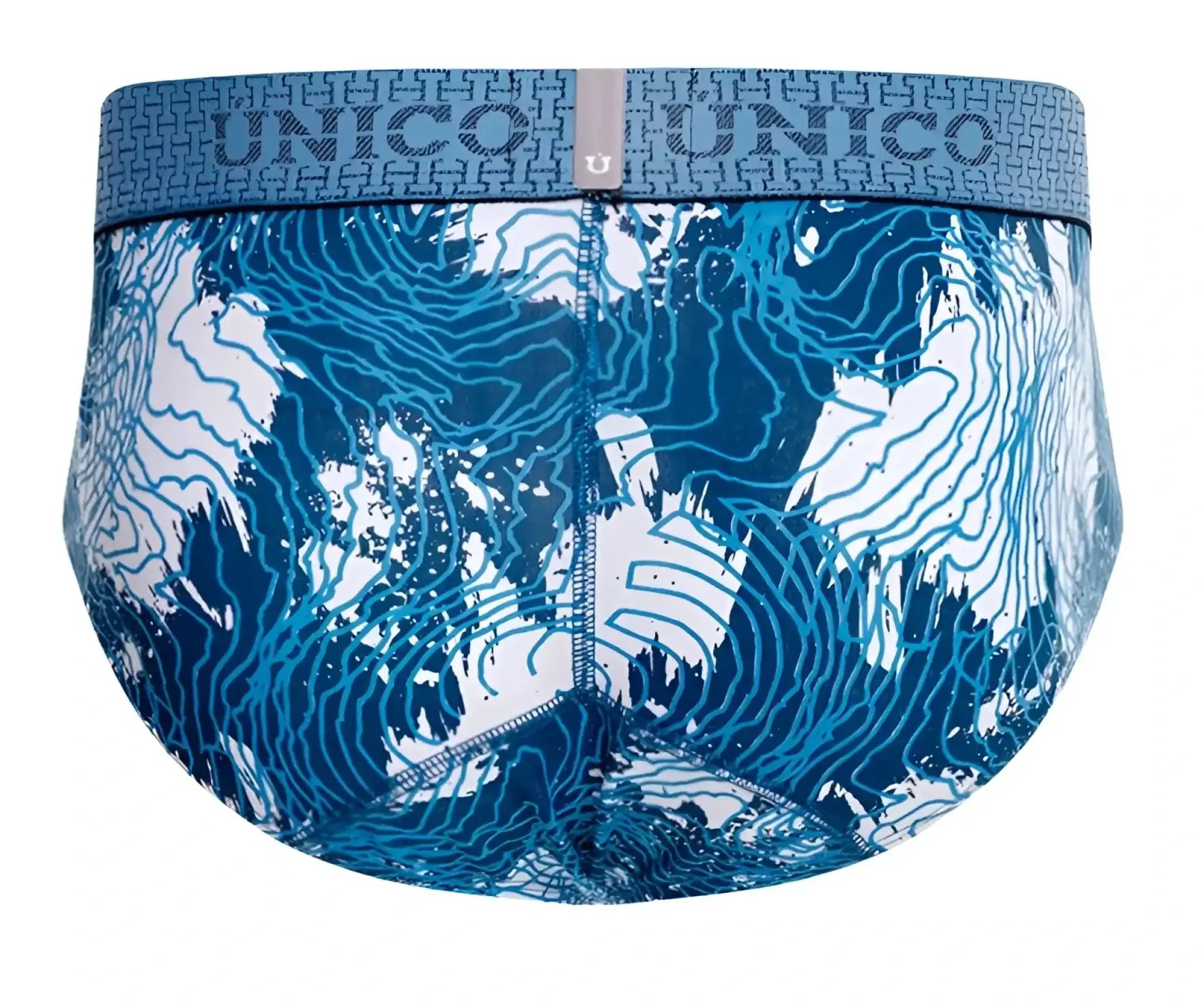 Unico barniz briefs in blue featuring a white topographic map pattern for men’s comfortable underwear