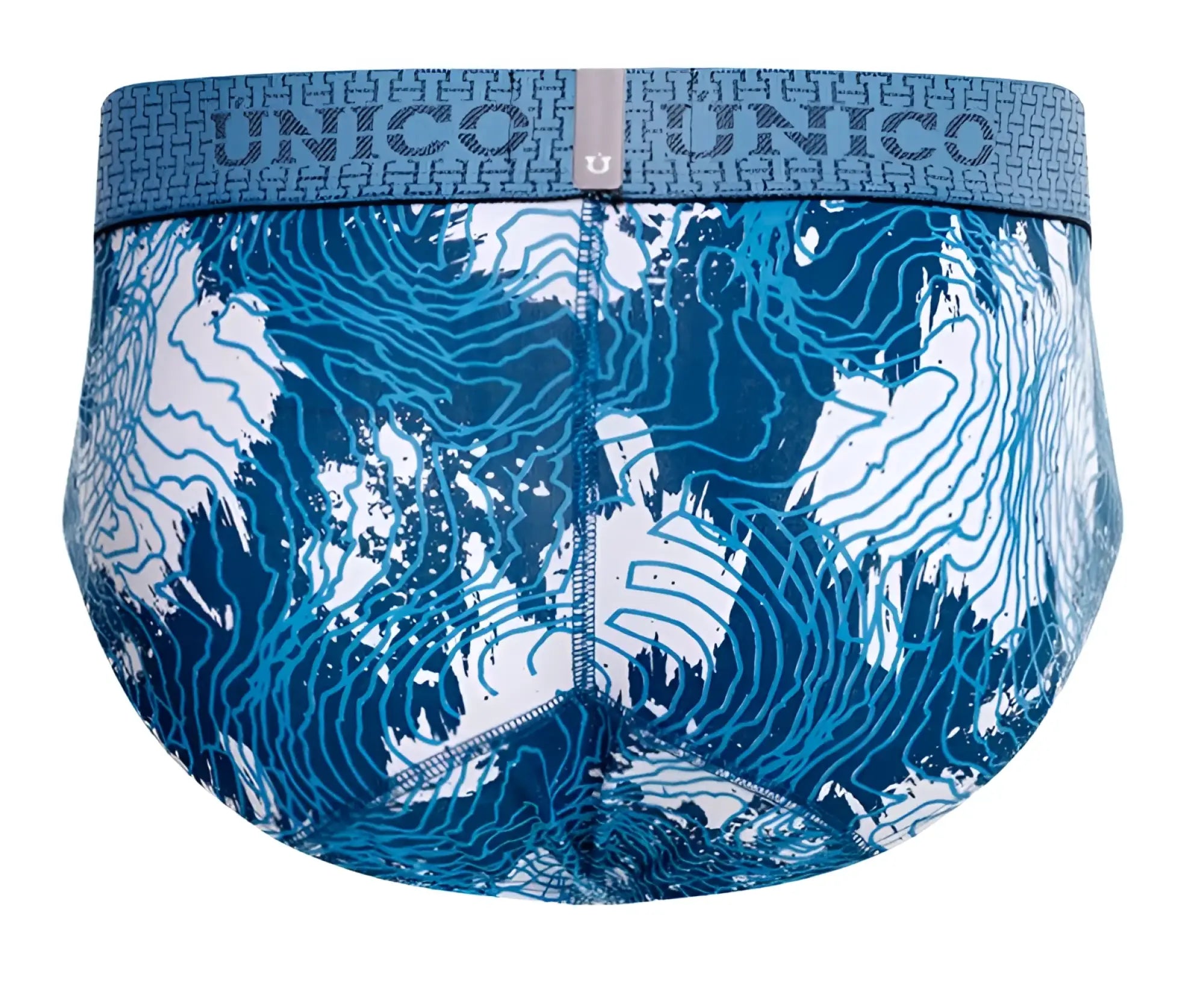 Unico barniz briefs in blue featuring a white topographic map pattern for men’s comfortable underwear