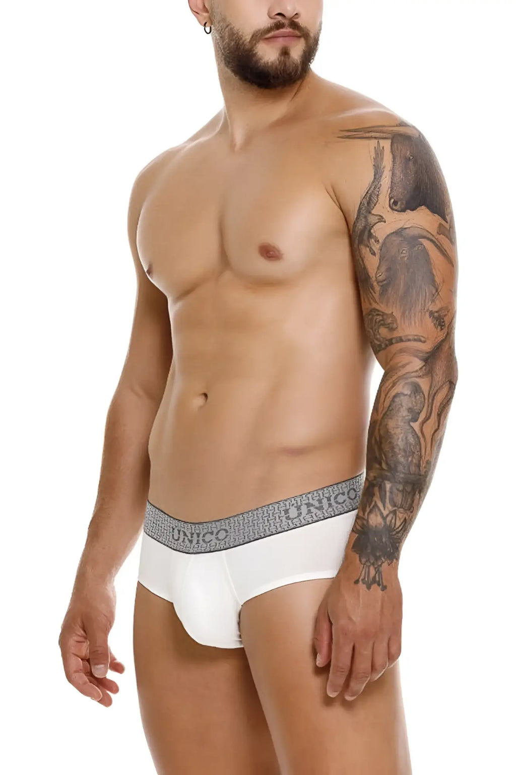 White briefs with a gray patterned unico waistband in marfil color for comfortable everyday wear