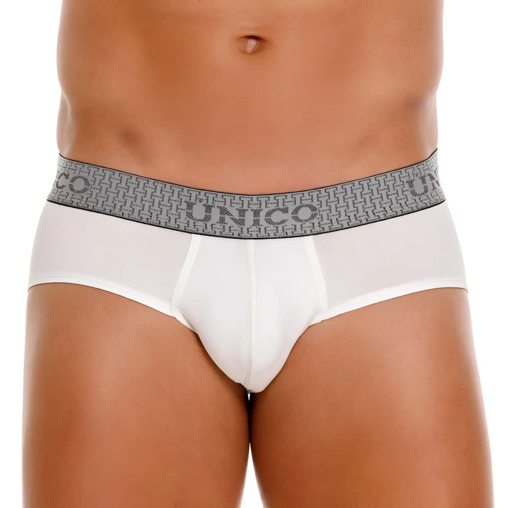 White briefs with gray patterned waistband featuring unico brand name in color 02-white marfil briefs