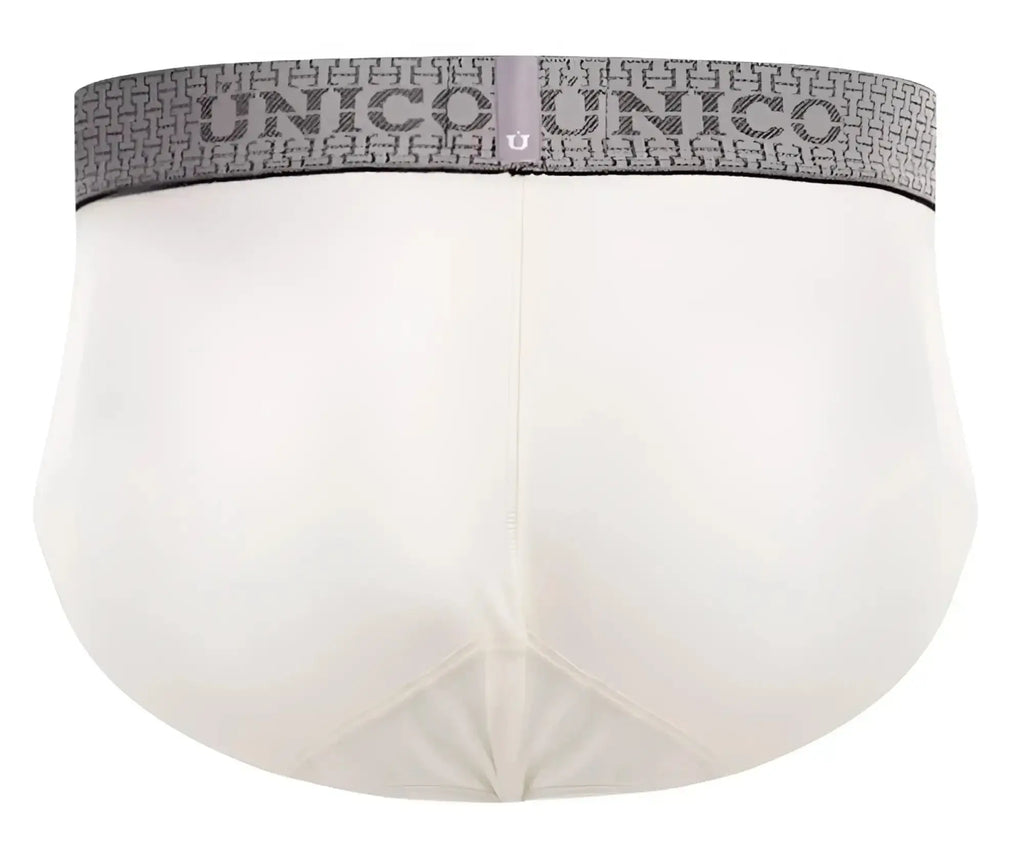 White unico men’s briefs with a gray patterned waistband featuring the brand name in color 02-white