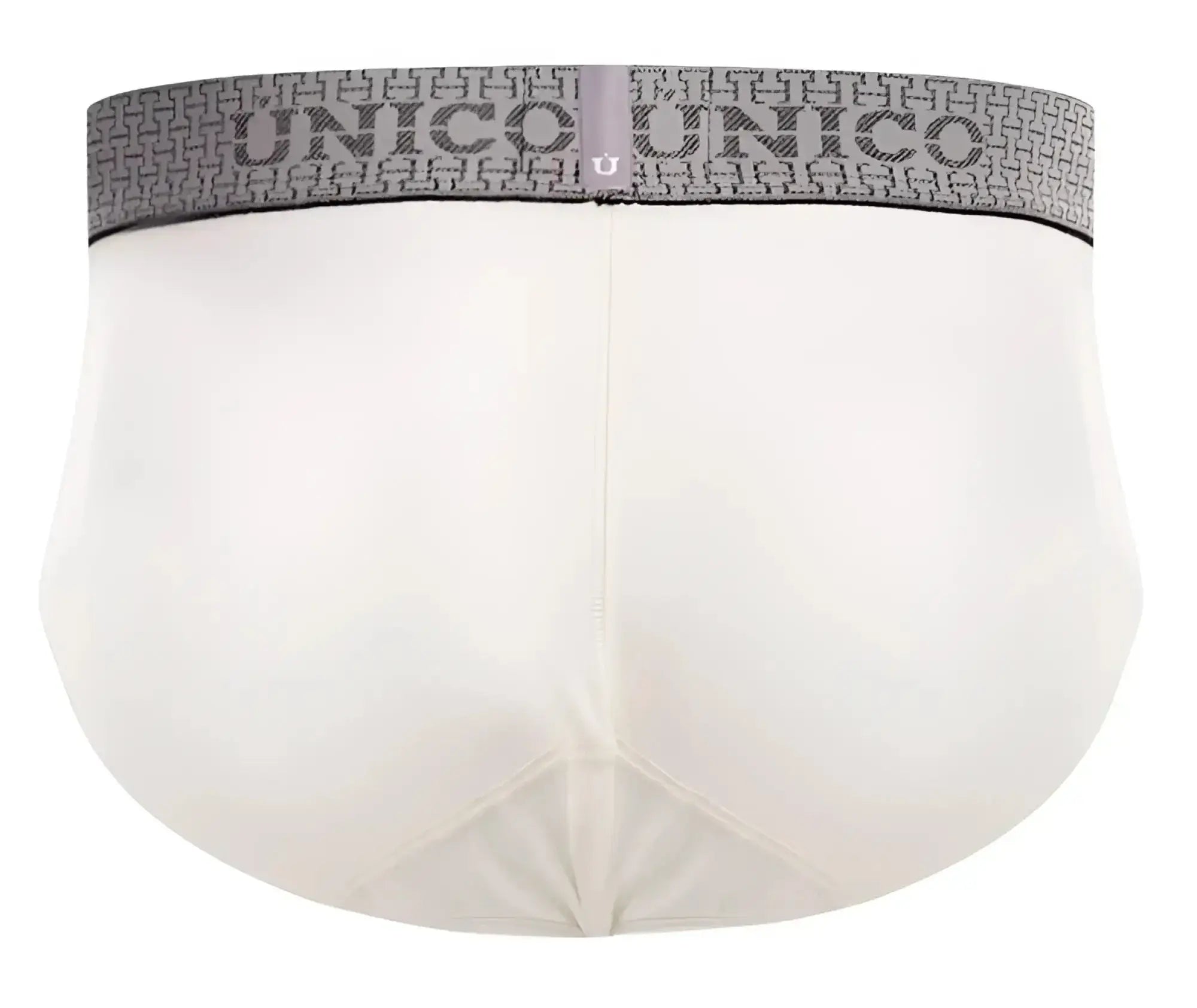 White unico men’s briefs with a gray patterned waistband featuring the brand name in color 02-white
