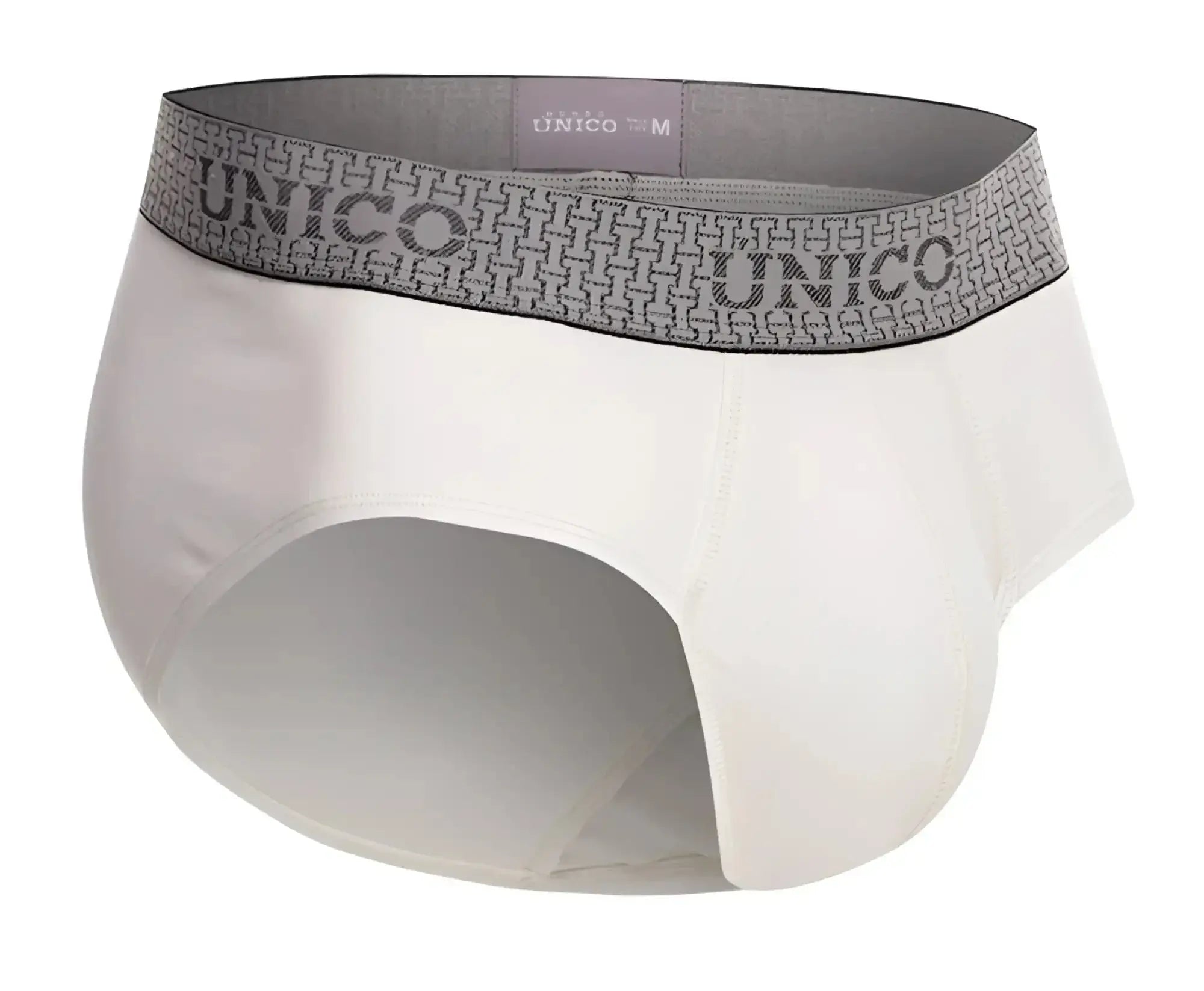 White unico men’s briefs with gray patterned waistband featuring the brand name in color 02-white marfil design
