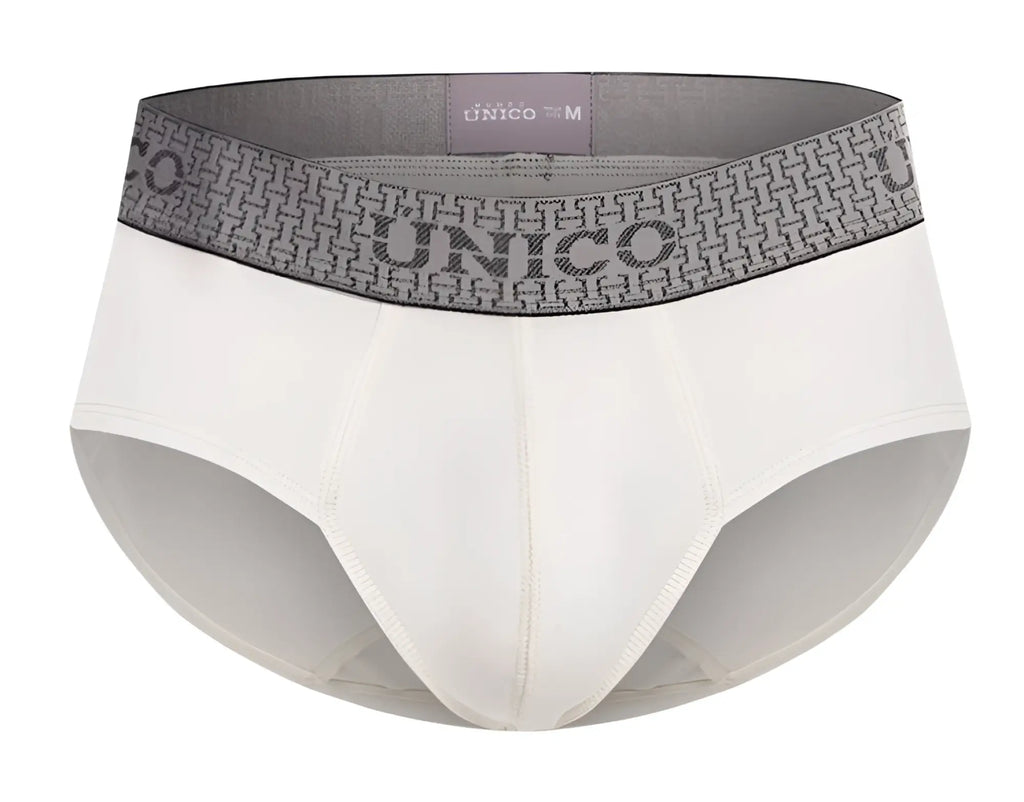 White unico 25020101120 marfil briefs featuring gray patterned waistband with bold brand name lettering
