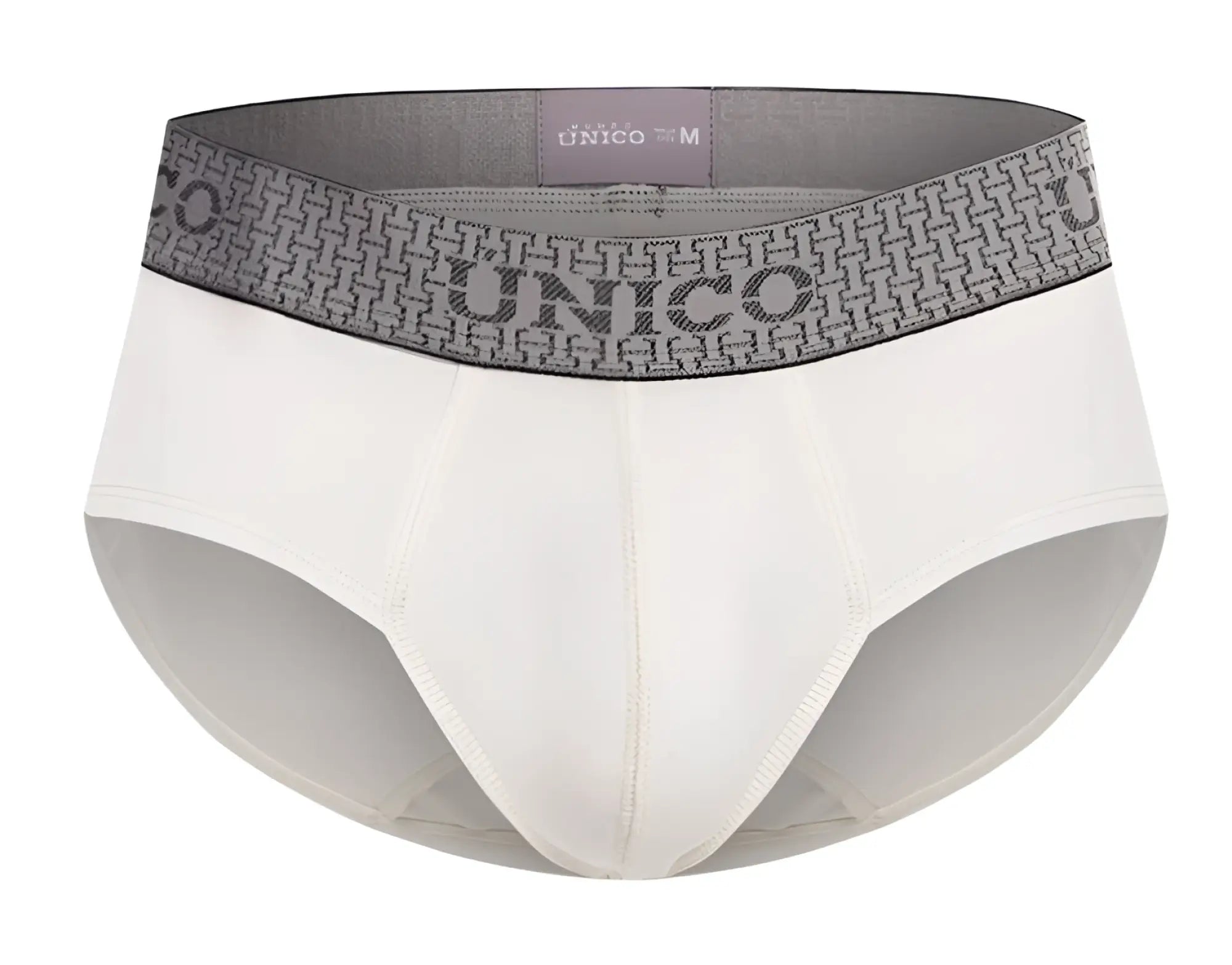 White unico 25020101120 marfil briefs featuring gray patterned waistband with bold brand name lettering