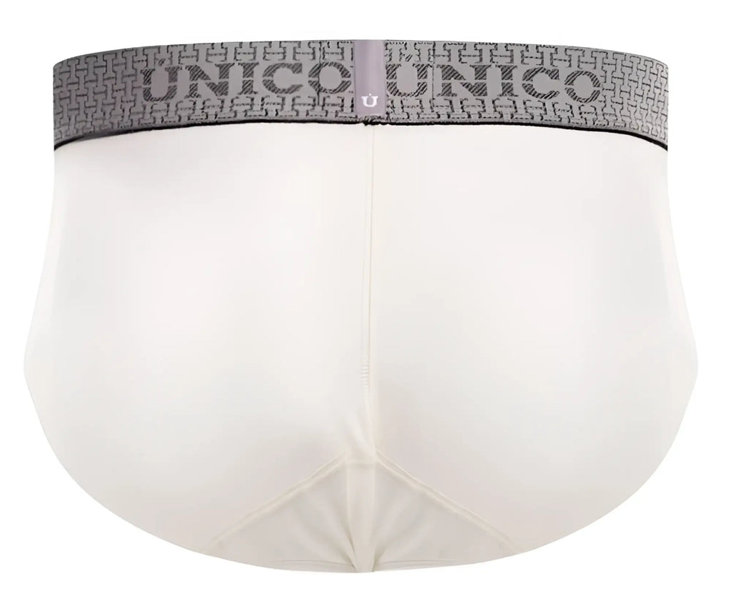 White unico men’s briefs with a gray patterned waistband featuring the brand name in color 02-white