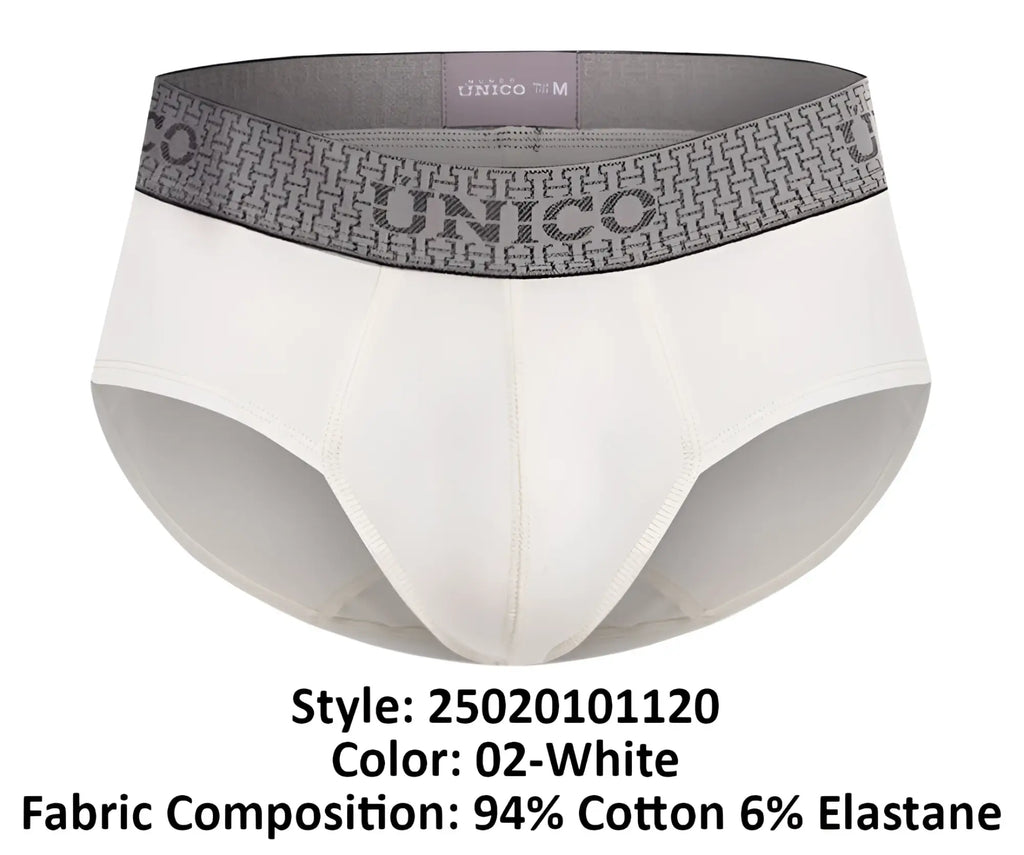 White unico men’s briefs with gray patterned waistband featuring the brand name in marfil color 02-white