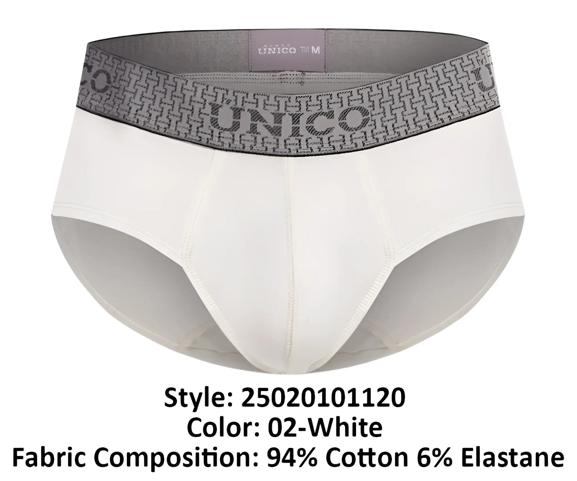 White unico men’s briefs with gray patterned waistband featuring the brand name in marfil color 02-white
