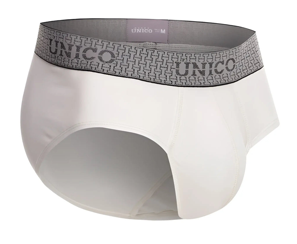 White unico men’s briefs with gray patterned waistband featuring the brand name in color 02-white marfil design