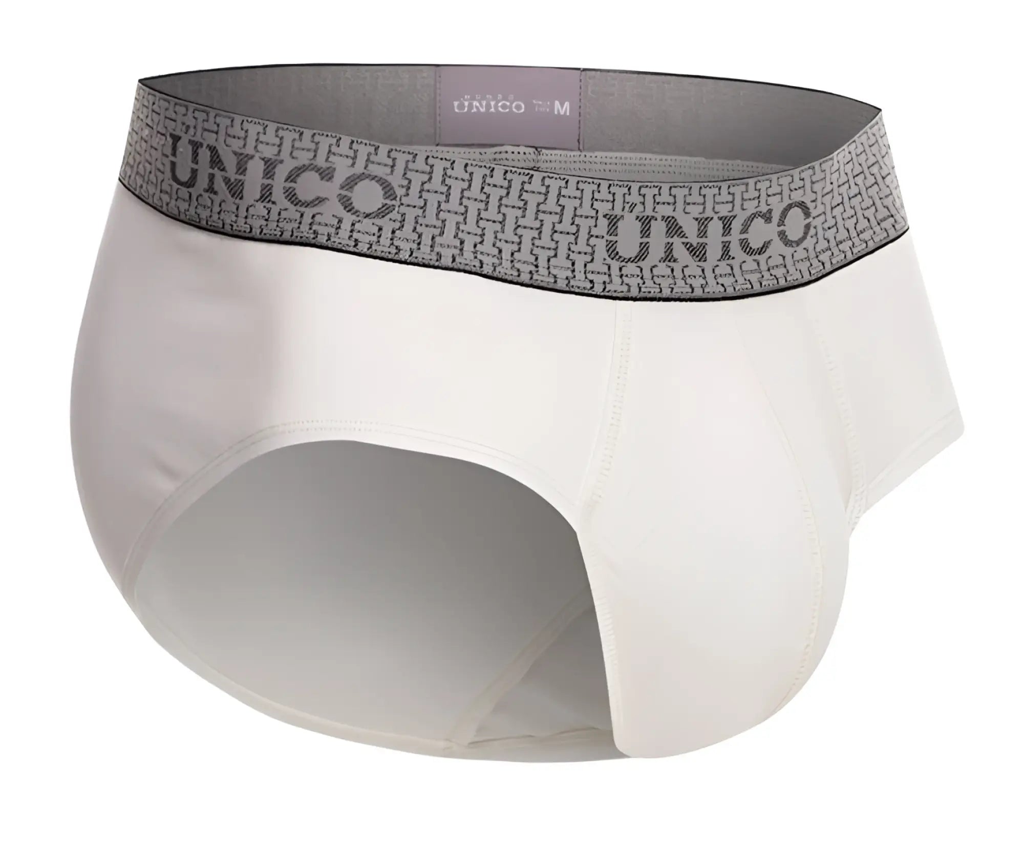 White unico men’s briefs with gray patterned waistband featuring the brand name in color 02-white marfil design