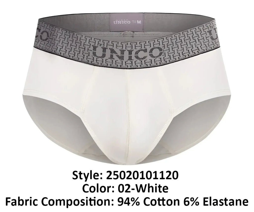 White unico men’s briefs with gray patterned waistband featuring the brand name in marfil color 02-white