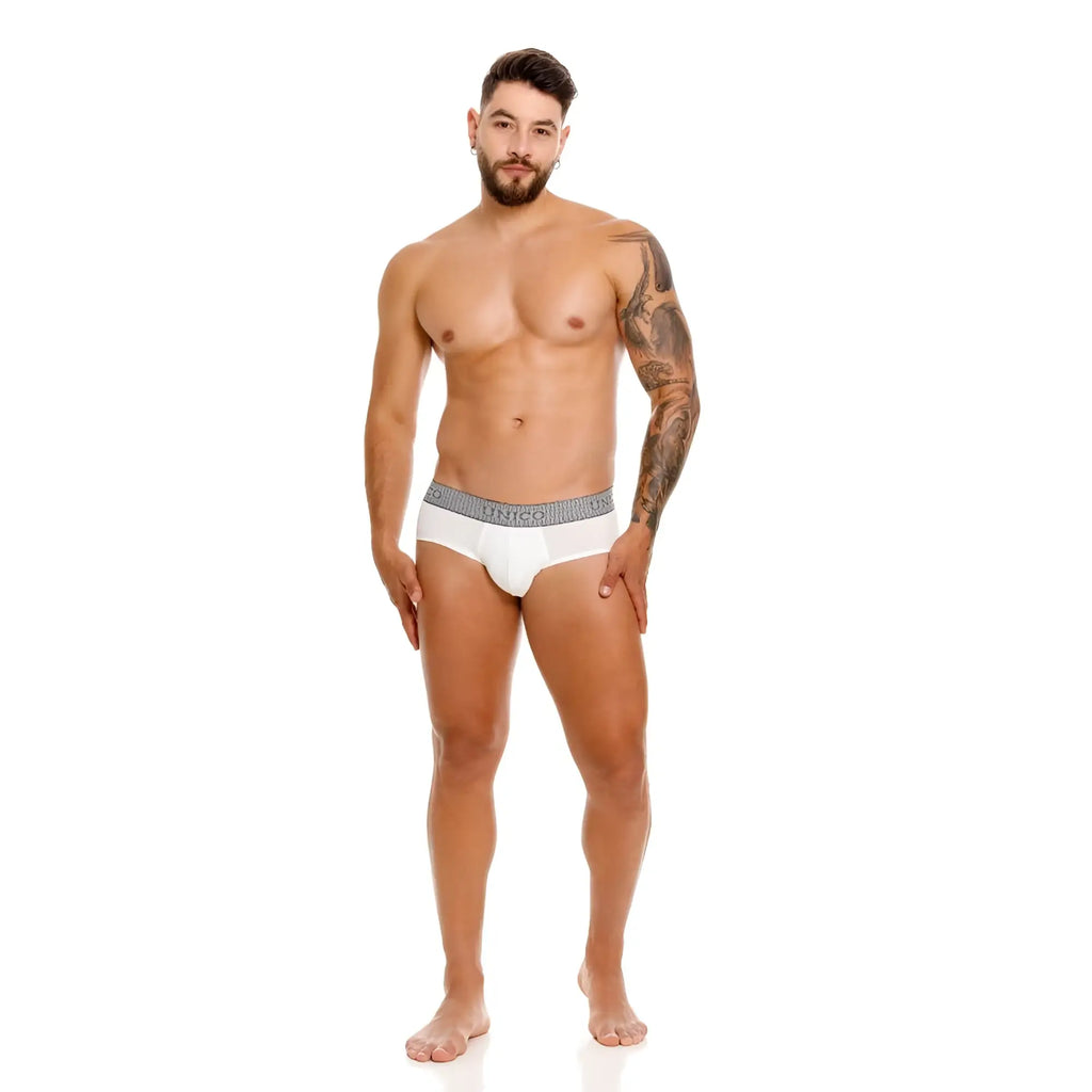 White men’s briefs with gray patterned waistband featuring mineco brand name in color 02-white unico 25020101120 marfil briefs