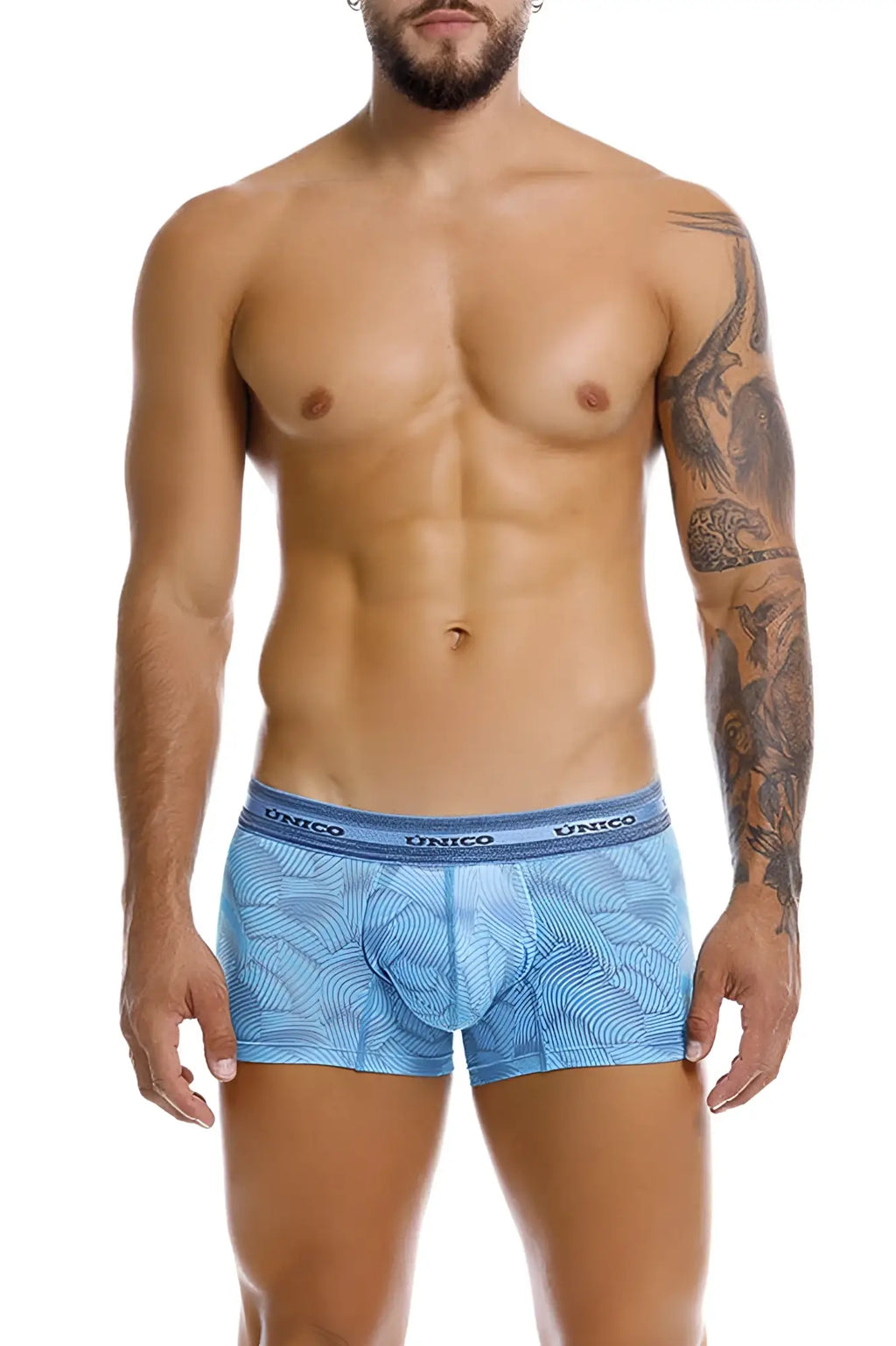 Light blue unico 25040100101 Estraza trunks with subtle leaf pattern and branded waistband for comfortable wear