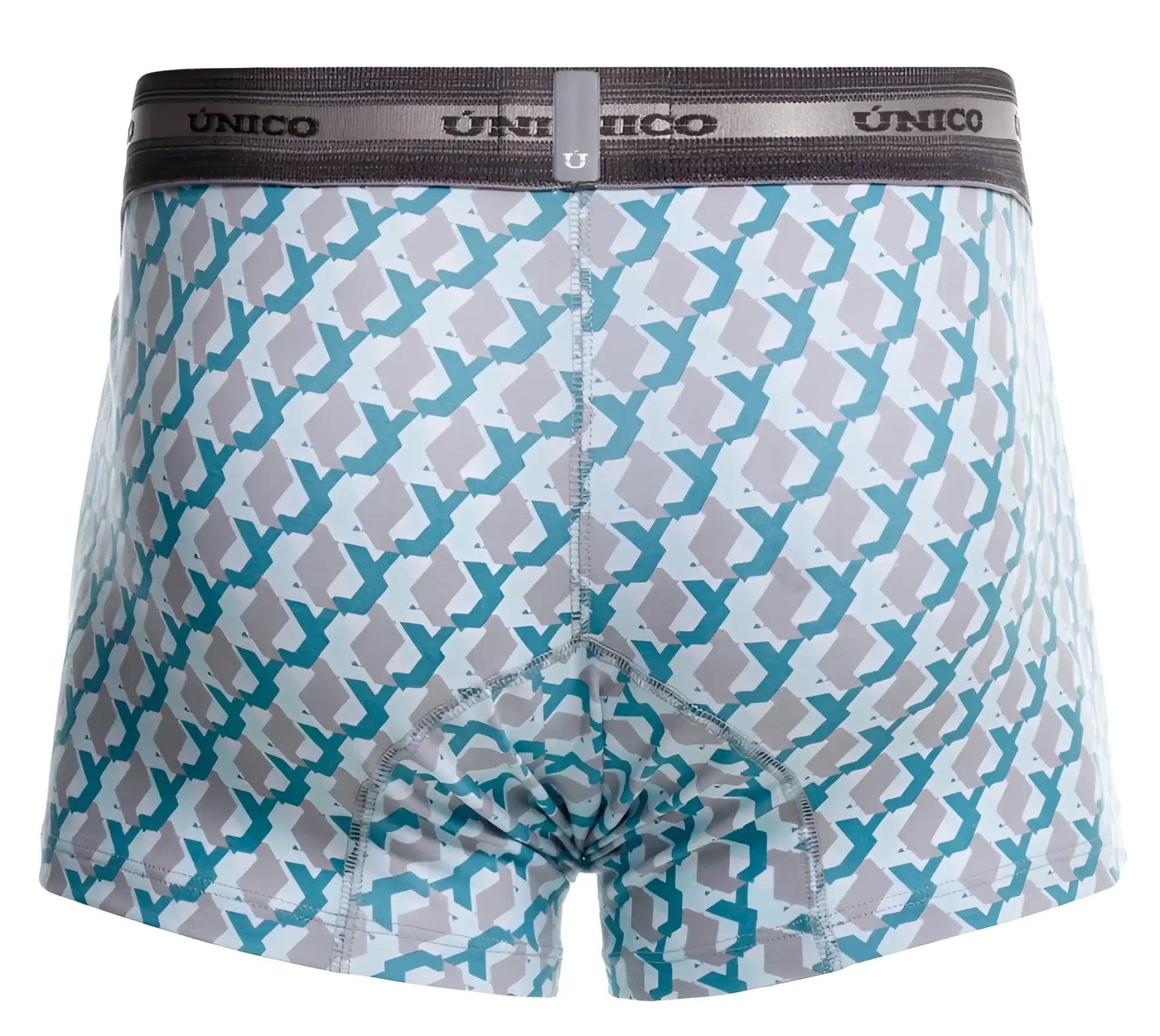 Unico 25040100115 caterva trunks men’s boxer briefs with teal and gray geometric print on white and dark gray waistband