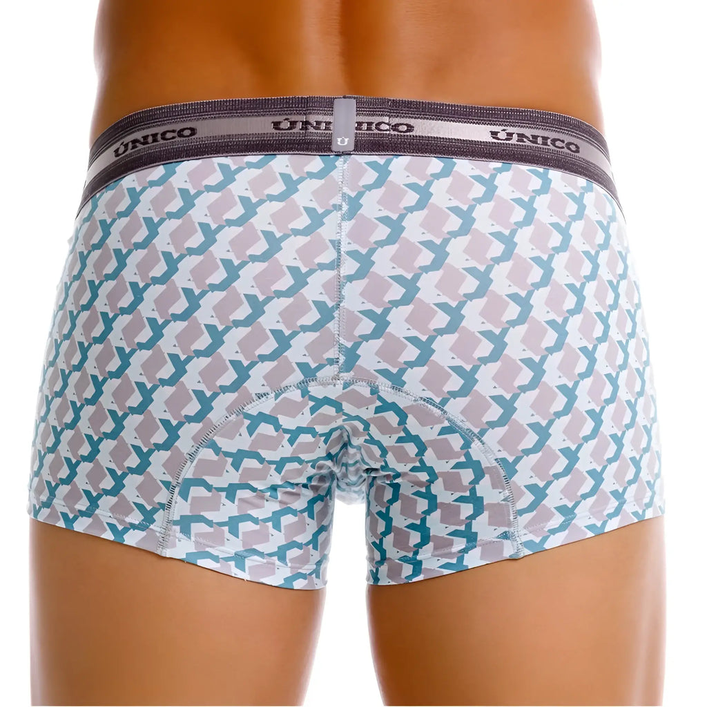 Unico 25040100115 Caterva trunks men’s boxer briefs in white with teal and gray geometric print and dark gray waistband