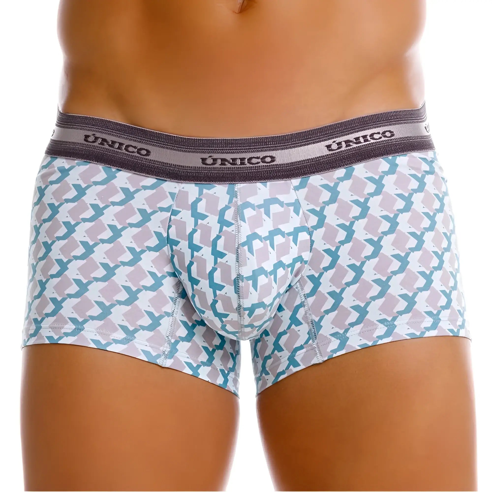 Unico 25040100115 Caterva men’s boxer briefs in white with blue and pink geometric print and dark gray waistband
