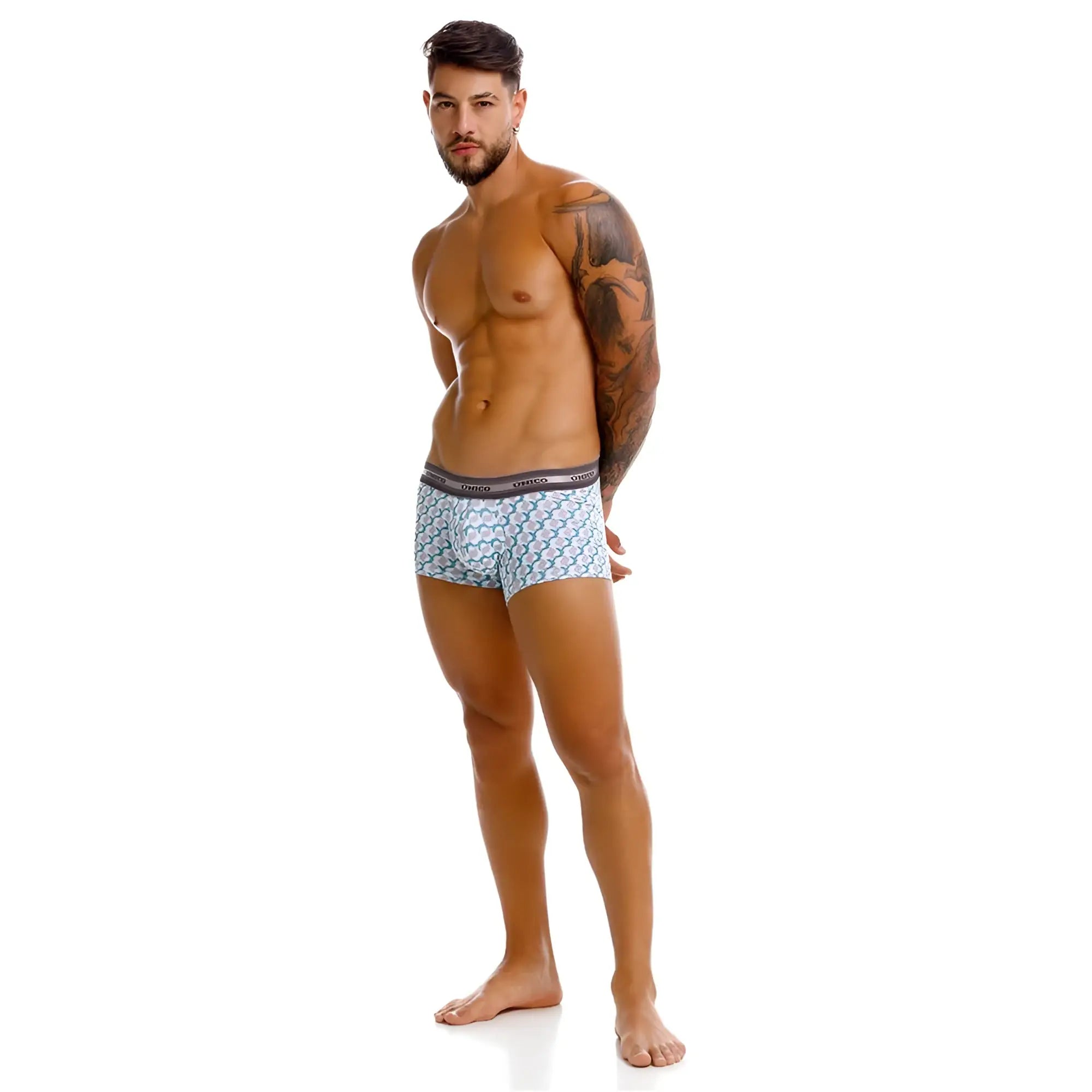 Light blue patterned unico caterva boxer briefs with dark gray elastic waistband for comfortable trunk wear