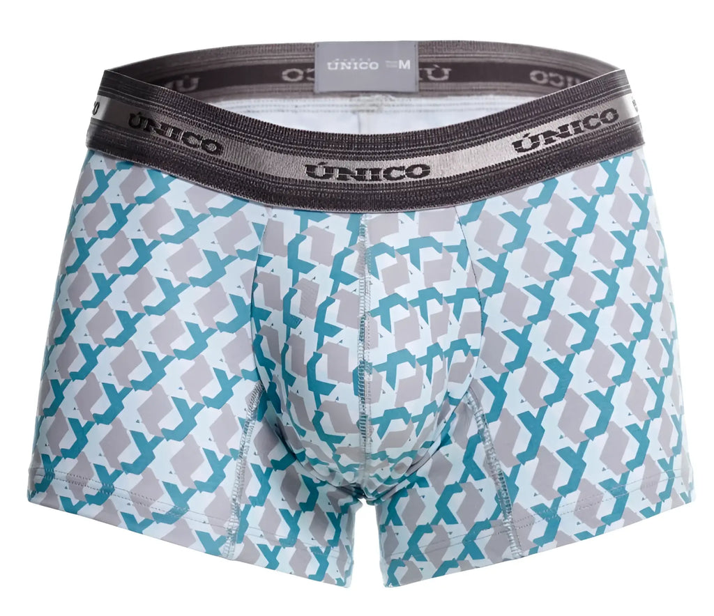 Unico 25040100115 Caterva trunks with teal and gray geometric pattern on white base and elastic waistband