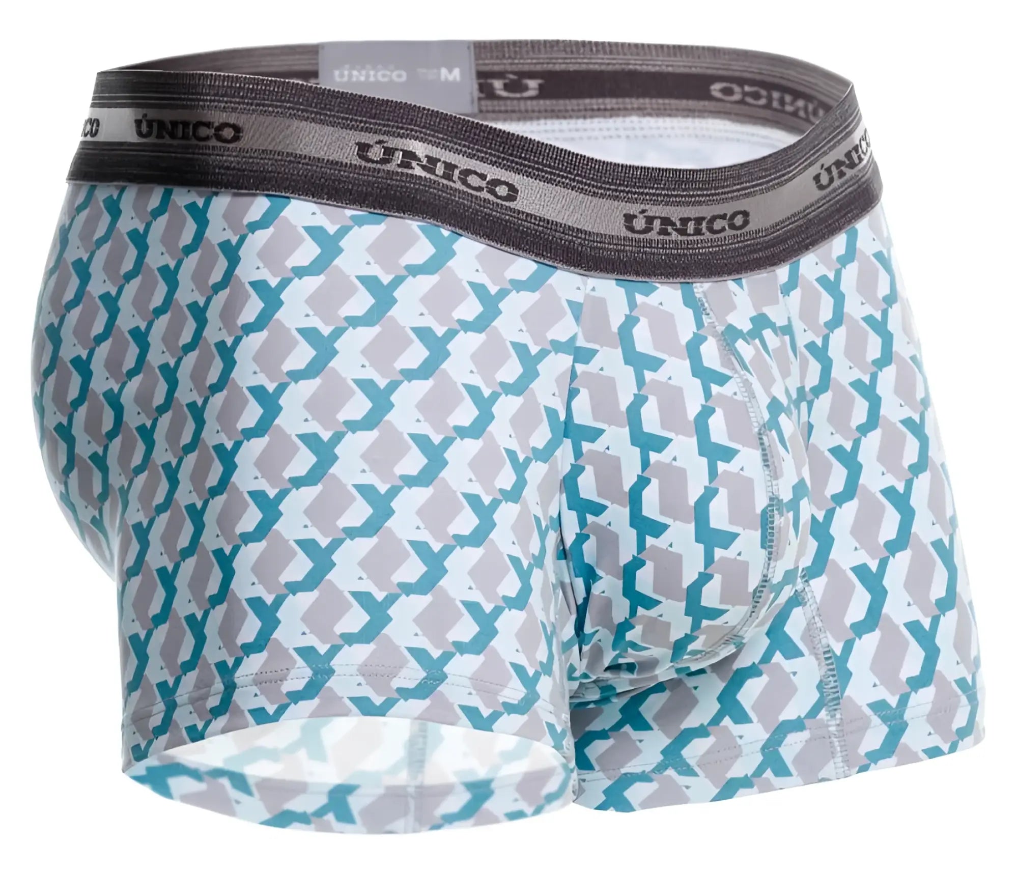 A pair of unico 25040100115 caterva trunks featuring teal and gray geometric print on white with dark gray waistband