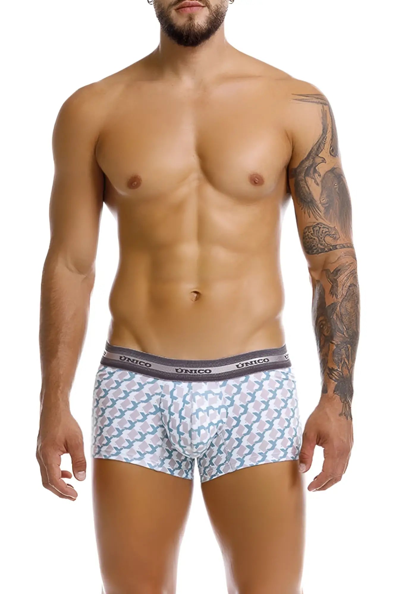 White and light blue patterned unico 25040100115 caterva trunks with gray waistband boxer briefs front view