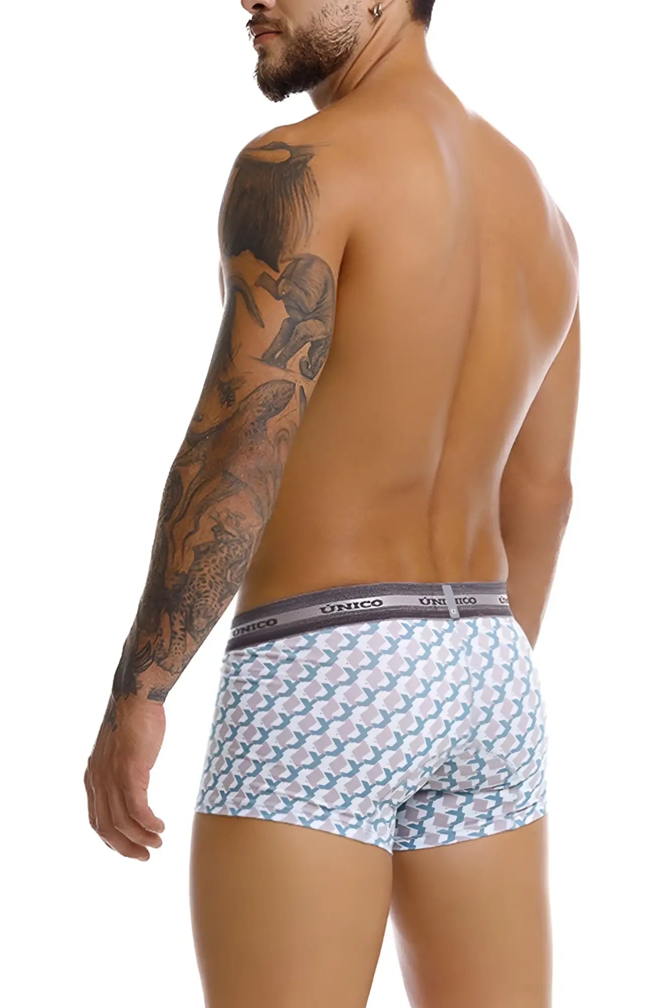 White briefs with teal and gray geometric pattern and dark gray unico branded waistband printed color 43