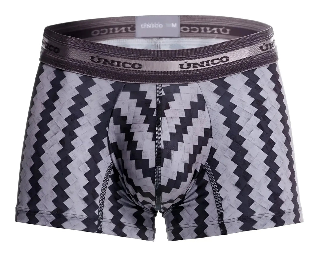 Unico 25040100118 tricotosa men’s boxer briefs with gray black zigzag pattern and branded elastic waistband
