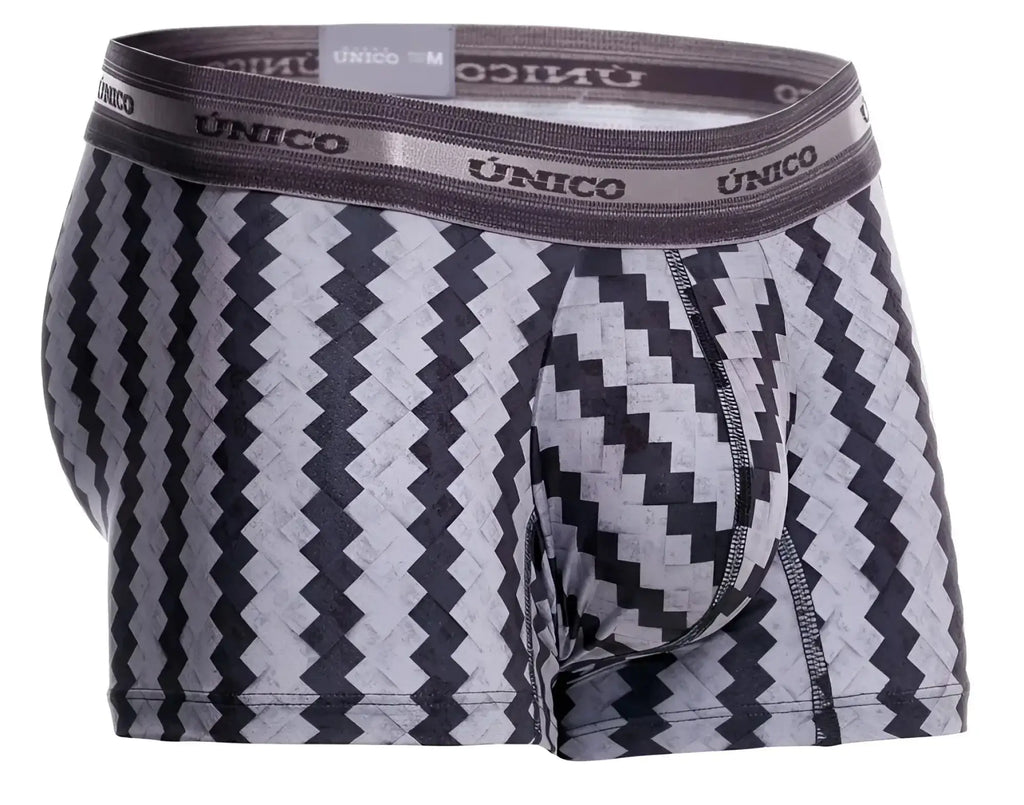 Unico 25040100118 tricotosa men’s boxer briefs in black and gray zigzag pattern with branded elastic waistband