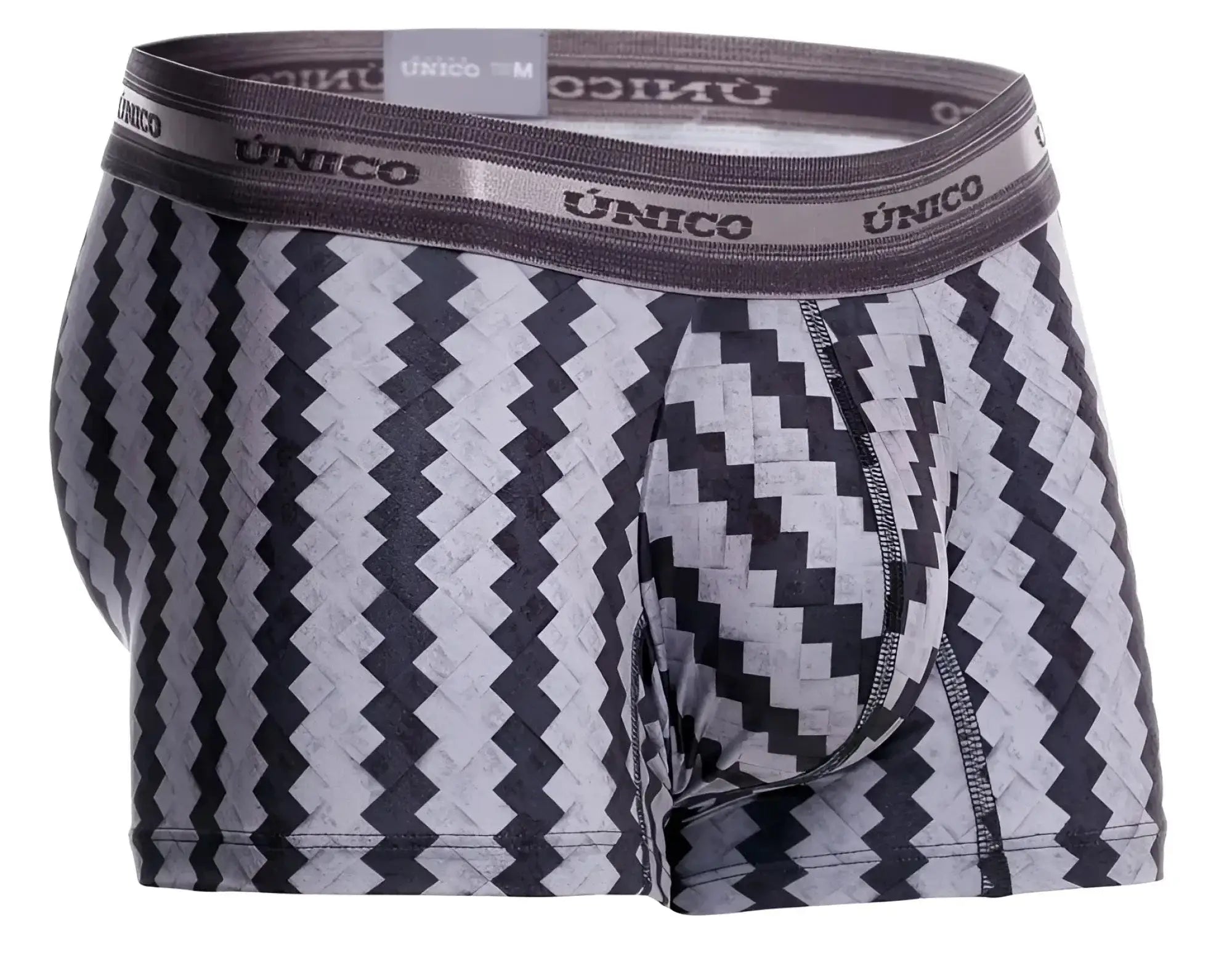 Unico 25040100118 tricotosa men’s boxer briefs in black and gray zigzag pattern with branded elastic waistband