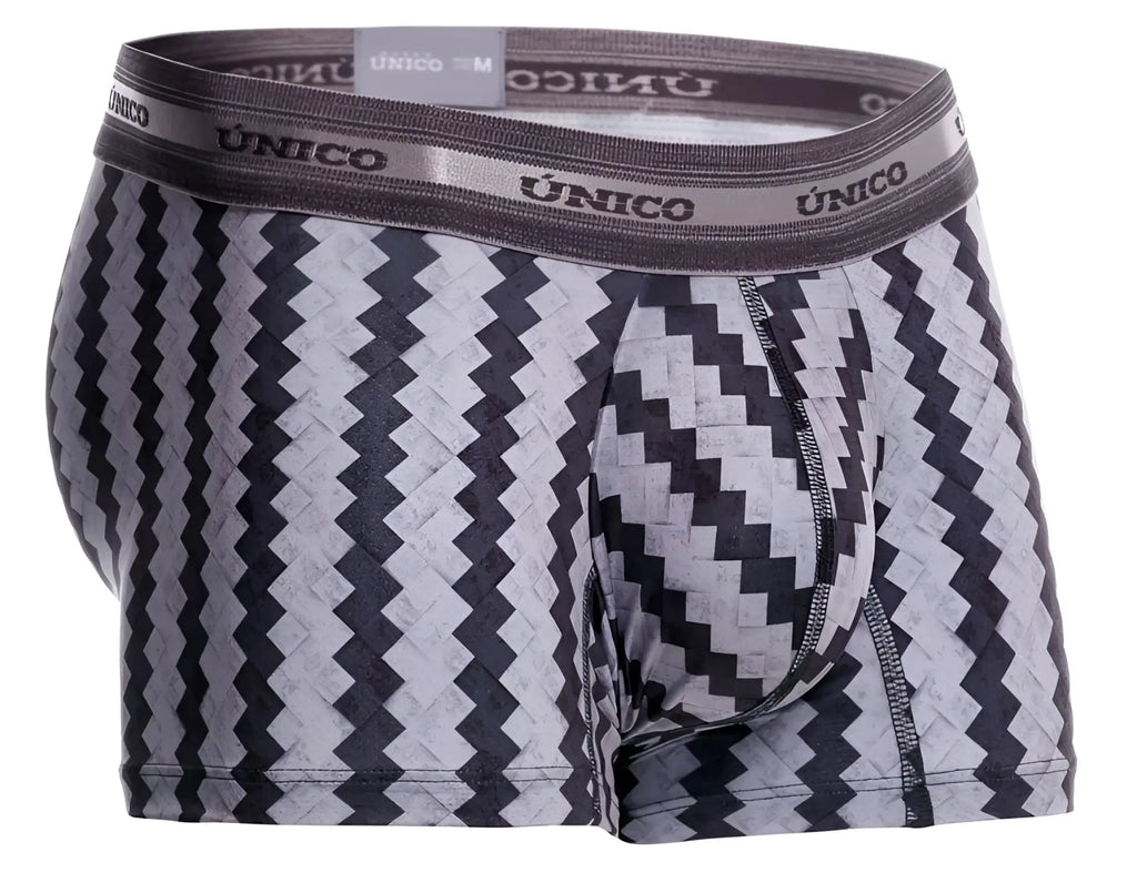 Unico 25040100118 tricotosa men’s boxer briefs in black and gray zigzag pattern with branded elastic waistband