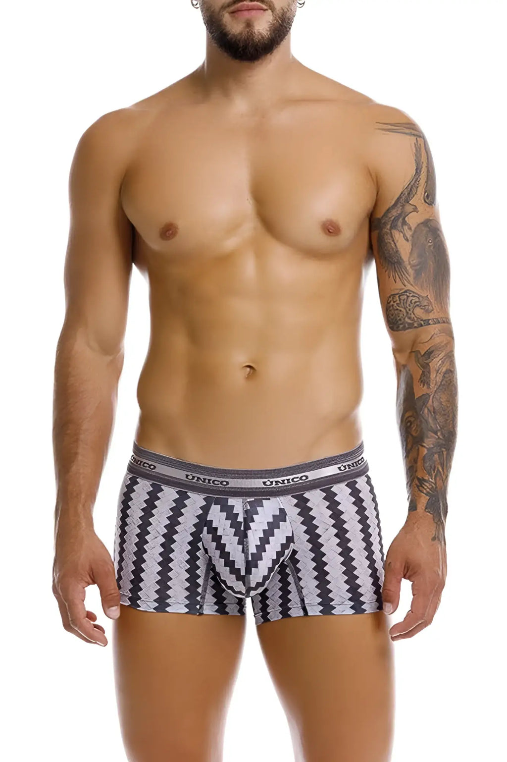 Unico 25040100118 tricotosa trunks with black and white zigzag pattern and gray elastic waistband with unico branding