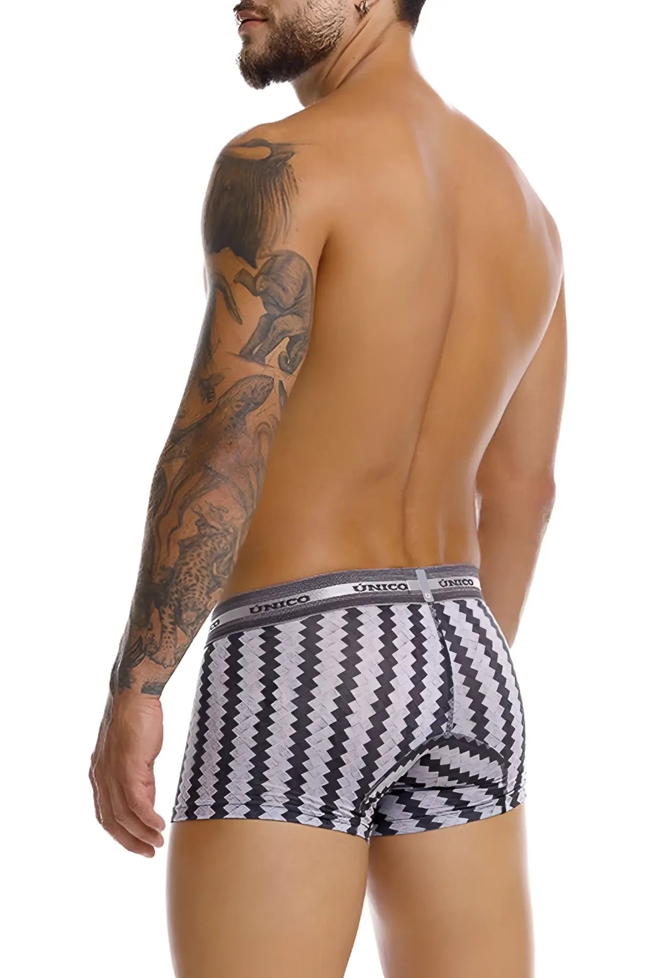 Unico 25040100118 tricotosa trunks men’s boxer briefs with black and white zigzag pattern and gray elastic waistband