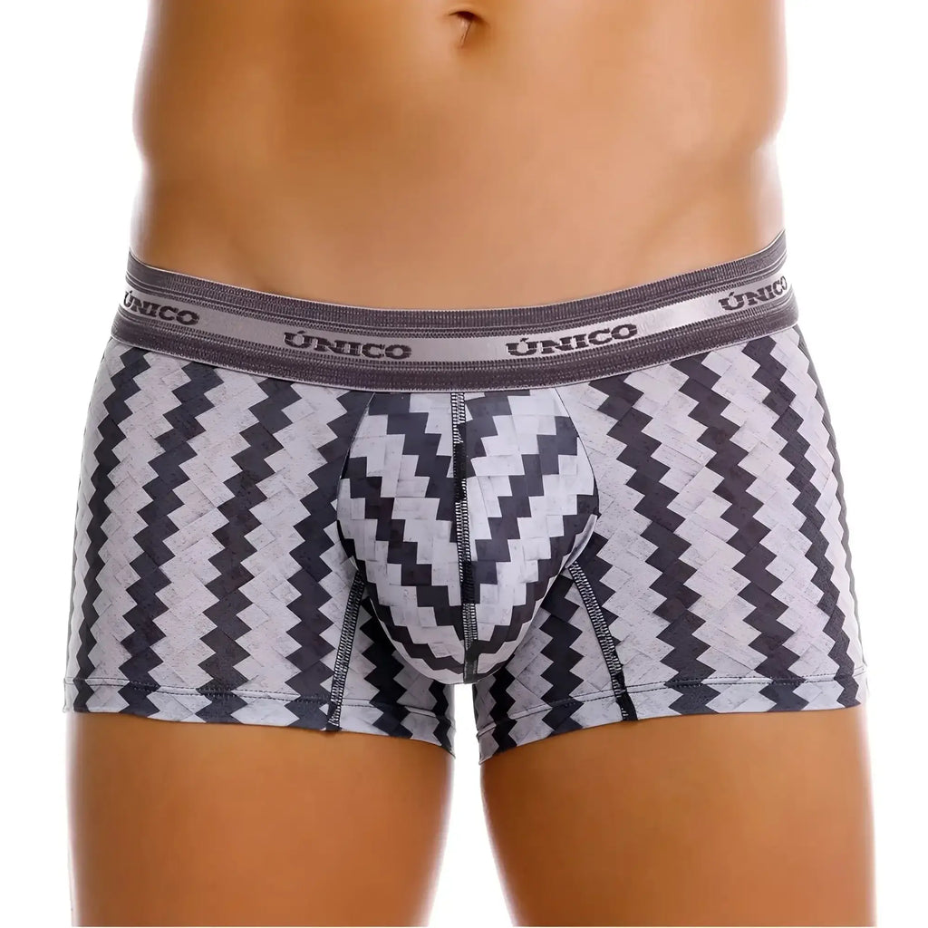 Unico 25040100118 Tricotosa trunks in gray and black zigzag patterned fabric with a textured waistband