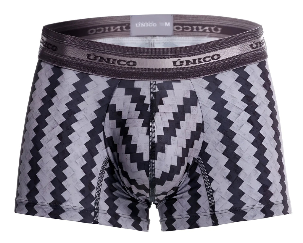 Unico 25040100118 tricotosa men’s boxer briefs with gray black zigzag pattern and branded elastic waistband