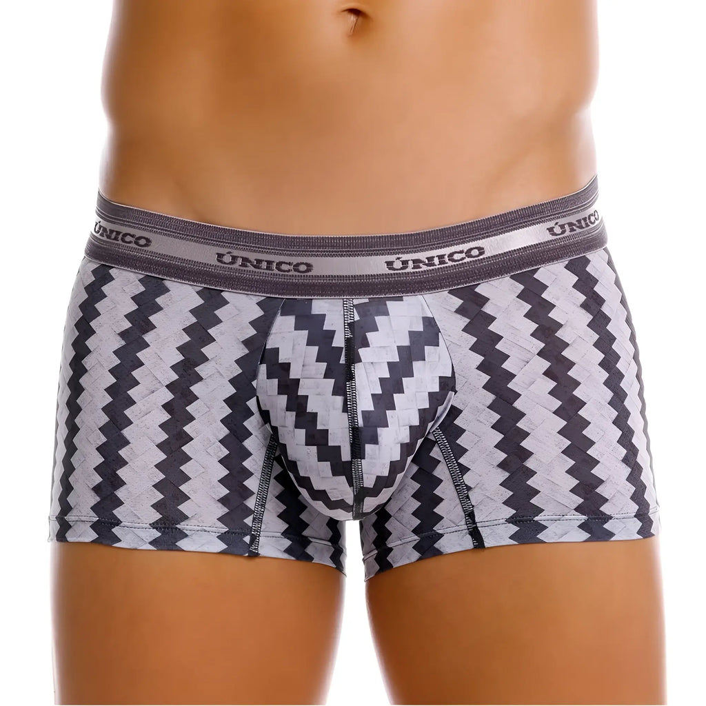 Unico 25040100118 Tricotosa trunks in gray and black zigzag patterned fabric with a textured waistband