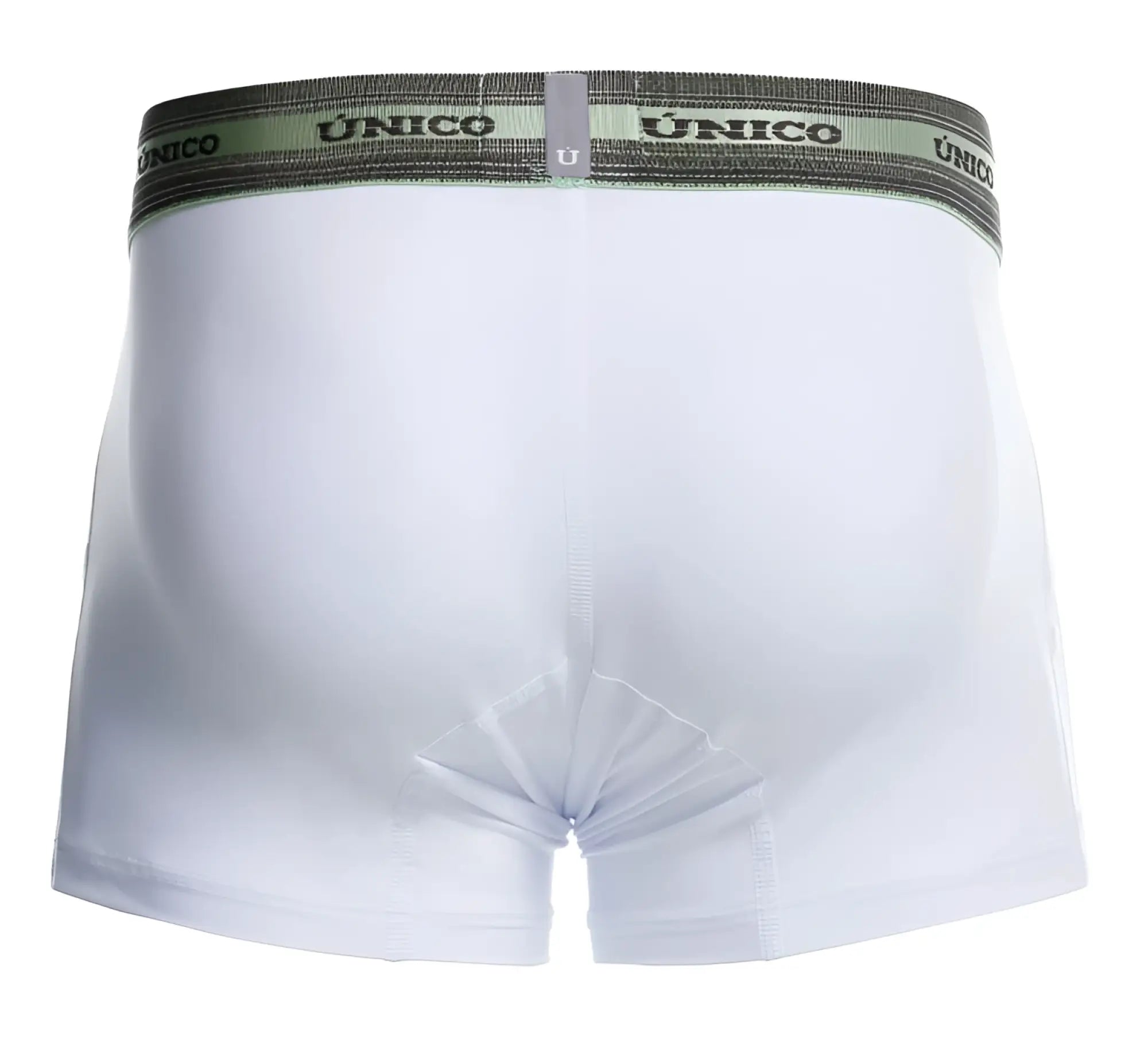 White unico Sensacion trunks featuring gray elastic waistband with black brand name lettering in classic boxer brief style
