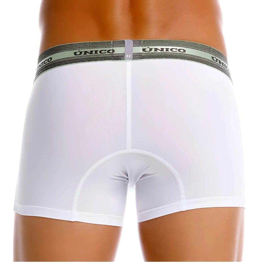 White unico boxer briefs with gray elastic waistband featuring black brand name lettering from unico 25040100122 sensacion trunks