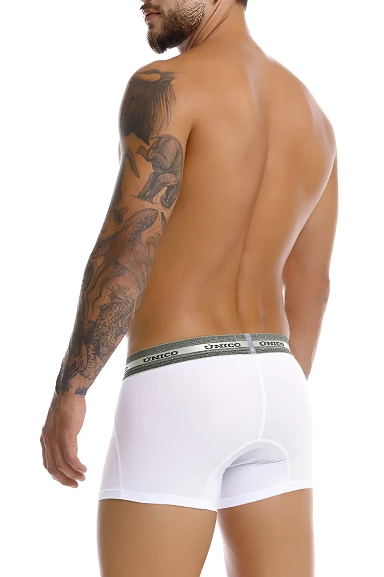 White unico boxer briefs with gray elastic waistband featuring brand name in unico 25040100122 sensacion trunks color 00-white