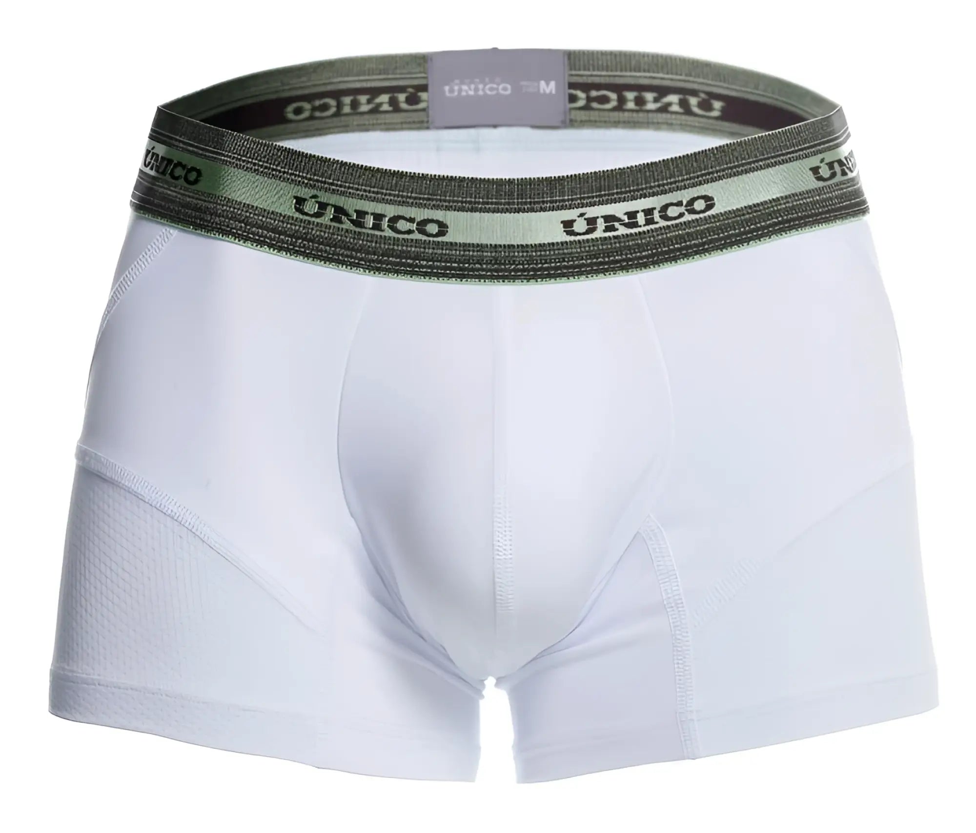 White unico men’s Sensacion trunks with dark green waistband and black brand name lettering in color 00 white